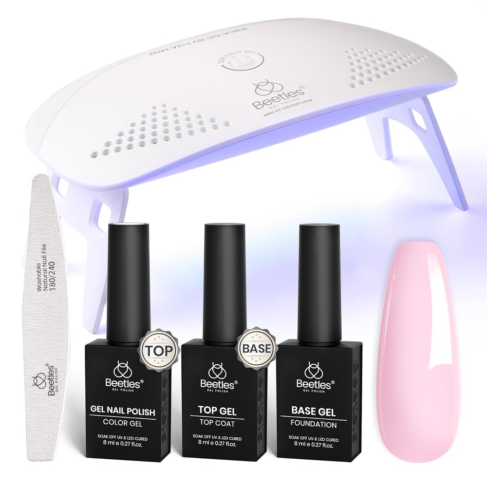 image:imageBeetles White Gel Nail Polish Kit with U V Light 5 Pcs Gel Polish Starter Kit with Base amp Top Coat and Nail File for Beginners Soak Off DIY Art Set Manicure Gifts for Women02 1 ColorNude Pink