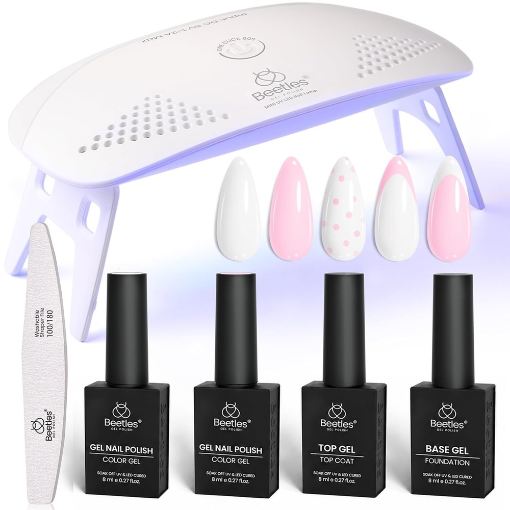 image:imageBeetles White Gel Nail Polish Kit with U V Light 5 Pcs Gel Polish Starter Kit with Base amp Top Coat and Nail File for Beginners Soak Off DIY Art Set Manicure Gifts for Women2 ColorWhite and Pink