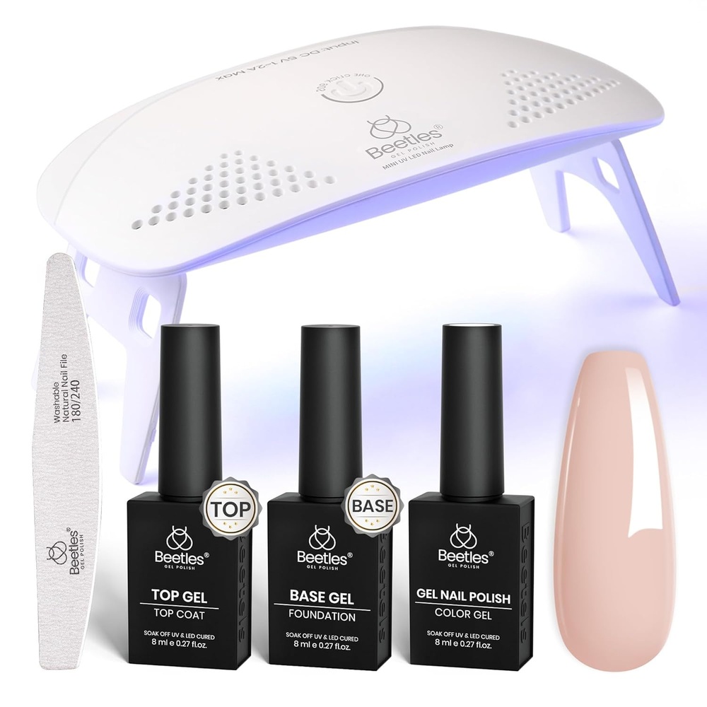 image:imageBeetles White Gel Nail Polish Kit with U V Light 5 Pcs Gel Polish Starter Kit with Base amp Top Coat and Nail File for Beginners Soak Off DIY Art Set Manicure Gifts for Women01 ColorNude Set