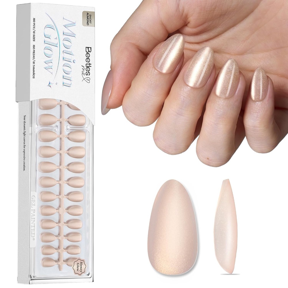 image:imageBeetles X Press Cat Eye Nails  Bubble Aurora  7 Colors Medium Almond Press On Nails  16 Sizes 224 Pcs Natural Salon Quality Soft Nail Gel Art DIY For WomenB  Short Almond  Motion Honey Glow