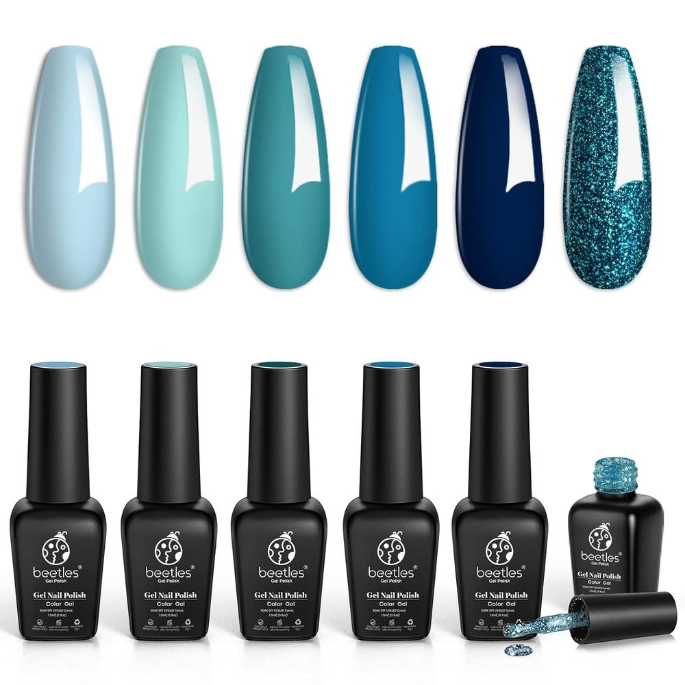 image:imagebeetles Gel Polish Moonlit Mist Cat Eye Gel Nail Polish Set  6 Colors Blue Glitter Gel Nail Kit Jelly Sheer Magnetic Shine Soak Off UV Gel for Salon DIY Manicure Gift for Women00Teal nail art Iceland Theme
