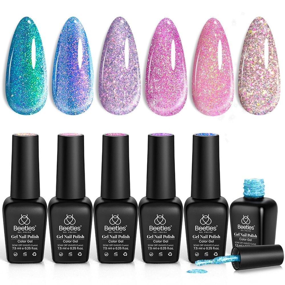 image:imagebeetles Gel Polish Moonlit Mist Cat Eye Gel Nail Polish Set  6 Colors Blue Glitter Gel Nail Kit Jelly Sheer Magnetic Shine Soak Off UV Gel for Salon DIY Manicure Gift for Women006 Colors Treasures on Tip