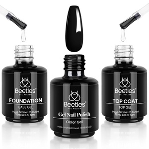 Beetles 3Pcs 15ml White Gel Nail Polish and No Wipe Gel Base & Top Coat Set, Soak Off UV Lamp and Long Lasting Glossy Coat French Manicure Art Design Kit(0-1-1 Pcs 15ml top base coat & black gel)