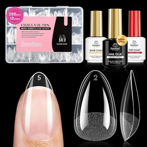 Beetles 9 in 1 Nail Glue Gel for Nail Tips and Clear Acrylic Nails Long Lasting, Curing Needed UV Extension Glue for False Nail Tips and Press on Nails, Summer Nail Art(7-1 Almond Short 288pcs (Etch X Nail Kit))