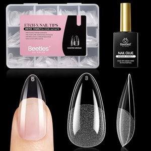 Beetles 9 in 1 Nail Glue Gel for Nail Tips and Clear Acrylic Nails Long Lasting, Curing Needed UV Extension Glue for False Nail Tips and Press on Nails, Summer Nail Art(6-1 Almond Medium 288pcs (Etch X Nail Kit))