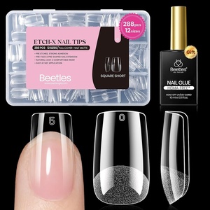 Beetles 9 in 1 Nail Glue Gel for Nail Tips and Clear Acrylic Nails Long Lasting, Curing Needed UV Extension Glue for False Nail Tips and Press on Nails, Summer Nail Art(6-3 Square Short 288pcs (Etch X Nail Kit))