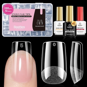 Beetles 9 in 1 Nail Glue Gel for Nail Tips and Clear Acrylic Nails Long Lasting, Curing Needed UV Extension Glue for False Nail Tips and Press on Nails, Summer Nail Art(7-4 Square Short 288pcs (Etch X Nail Kit))