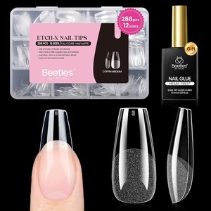 Beetles 9 in 1 Nail Glue Gel for Nail Tips and Clear Acrylic Nails Long Lasting, Curing Needed UV Extension Glue for False Nail Tips and Press on Nails, Summer Nail Art(6-2 Coffin Medium 288pcs (Etch X Nail Kit))