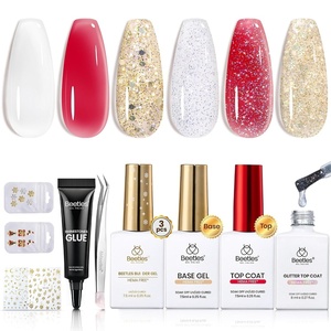 Beetles Builder Gel Nail Kit HEMA-FREE&TPO FREE-Muted Bloom 6 Colors Jelly Pink Glitter Building Gel,8 in 1 Strengthening Building Instant Apex & Extension for Beginner DIY Salon,UV LED Lamp Need(B5-HEMA Free|White Red Glitter)