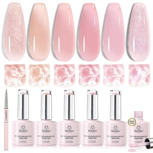 Beetles Builder Gel Nail Kit HEMA-FREE&TPO FREE-Muted Bloom 6 Colors Jelly Pink Glitter Building Gel,8 in 1 Strengthening Building Instant Apex & Extension for Beginner DIY Salon,UV LED Lamp Need(HEMA & TPO Free|Muted Bloom)