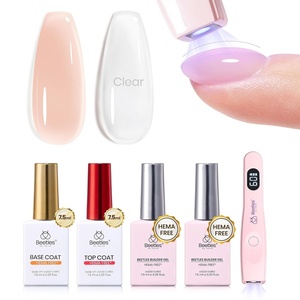 Beetles Builder Gel for Nails,2 Pcs 8 in 1 UV LED Clear Building,for Smoothing Uneven Nails,Strengthening,Instant Apex & Extension,for DIY Salon at Home,Friendly for Beginner,Gifts for Women(Clear & Jelly Nude Base Top Coat & Nail Lamp)