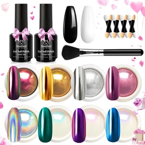 Beetles Chrome Nail Powder Gold Silver Mirror Effect 8 Colors Holographic Aurora Iridescent Pearlescent Manicure Nail Art Decoration Glitter Crome Nail Powder for Nails 1g/Jar Gift for Women(A-004 Chrome Gel Set)