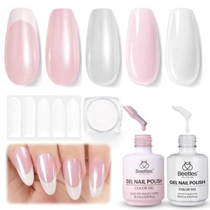 Beetles French Tip Gel Polish Set – White Nude Pink French Manicure Kit with 2 Nail Art Sticker, Soak Off UV LED for DIY Home & Salon Gift for Women(PearlGlaze)
