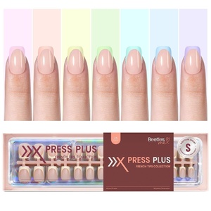 Beetles French Tip Press On Nails – 210 Pcs Pink Short Coffin Press On Nails 4 in 1 Nail Tips Gel Nail, No Need to File Tips Pre-Applied Primer and Base Coat, Reusable Fake Nails for Nail Art(H-S Square-Spring French Tip 7 Colors)