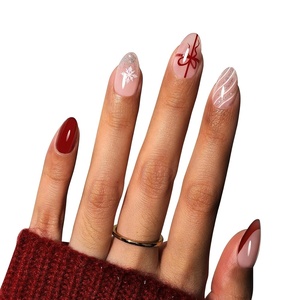 Beetles French Tip Press On Nails – 210 Pcs Pink Short Coffin Press On Nails 4 in 1 Nail Tips Gel Nail, No Need to File Tips Pre-Applied Primer and Base Coat, Reusable Fake Nails for Nail Art(Z-S Almond-Christmas Bow)