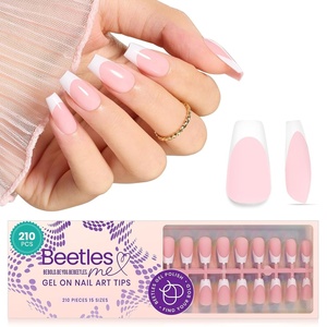 Beetles French Tip Press On Nails – 210 Pcs Pink Short Coffin Press On Nails 4 in 1 Nail Tips Gel Nail, No Need to File Tips Pre-Applied Primer and Base Coat, Reusable Fake Nails for Nail Art(A-S Coffin French-Pink)