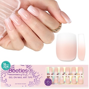 Beetles French Tip Press On Nails – 210 Pcs Pink Short Coffin Press On Nails 4 in 1 Nail Tips Gel Nail, No Need to File Tips Pre-Applied Primer and Base Coat, Reusable Fake Nails for Nail Art(D-S Square Ombre-Peach)