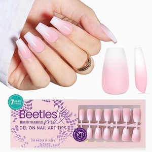 Beetles French Tip Press On Nails – 210 Pcs Pink Short Coffin Press On Nails 4 in 1 Nail Tips Gel Nail, No Need to File Tips Pre-Applied Primer and Base Coat, Reusable Fake Nails for Nail Art(D-S Coffin Ombre-Pink)