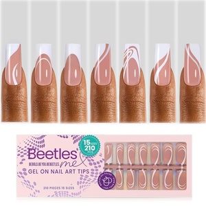 Beetles French Tip Press On Nails – 210 Pcs Pink Short Coffin Press On Nails 4 in 1 Nail Tips Gel Nail, No Need to File Tips Pre-Applied Primer and Base Coat, Reusable Fake Nails for Nail Art(G-L Square Design-Brown)