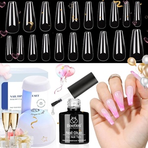 Beetles Gel Nail Kit Etch-X, Almond Short, 504pcs 12 Sizes Nail Tips, with 9 in 1 Nail Glue Mini LED Light, Acrylic Half Matte Tips Press On Nail, Extension DIY Set at Home, Gift for Women & Girls(3-3 Long Coffin 500pcs (Clear Kit))