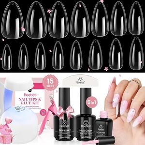 Beetles Gel Nail Kit Etch-X, Almond Short, 504pcs 12 Sizes Nail Tips, with 9 in 1 Nail Glue Mini LED Light, Acrylic Half Matte Tips Press On Nail, Extension DIY Set at Home, Gift for Women & Girls(1-3 Medium Almond 600pcs (Etch-X Kit))
