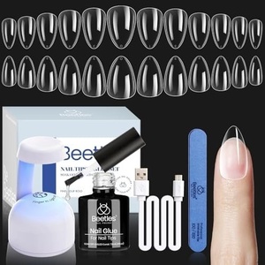 Beetles Gel Nail Kit Etch-X, Almond Short, 504pcs 12 Sizes Nail Tips, with 9 in 1 Nail Glue Mini LED Light, Acrylic Half Matte Tips Press On Nail, Extension DIY Set at Home, Gift for Women & Girls(2-1 Short Almond 240pcs (Clear Kit))