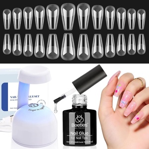 Beetles Gel Nail Kit Etch-X, Almond Short, 504pcs 12 Sizes Nail Tips, with 9 in 1 Nail Glue Mini LED Light, Acrylic Half Matte Tips Press On Nail, Extension DIY Set at Home, Gift for Women & Girls(3-2 Medium Coffin 504pcs (Clear Kit))