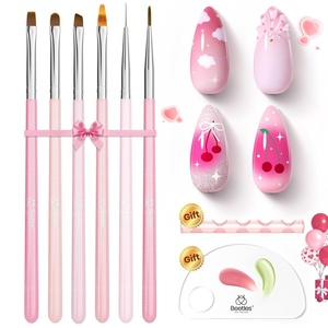 Beetles Gel Polish Nail Art Brushes Set, 6 Pcs Fingernail Art Design Pen, Floral Pattern Handle, Gradient Bristles Nail Brush Set DIY with Palette Dotting Manicure Tool Kit(6pcs Pink Nail Brush Set)