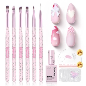 Beetles Gel Polish Nail Art Brushes Set, 6 Pcs Fingernail Art Design Pen, Floral Pattern Handle, Gradient Bristles Nail Brush Set DIY with Palette Dotting Manicure Tool Kit(Pink Color Gel & Floral Nail Brushes)