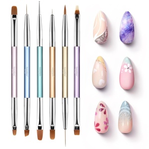 Beetles Gel Polish Nail Art Brushes Set, 6 Pcs Fingernail Art Design Pen, Floral Pattern Handle, Gradient Bristles Nail Brush Set DIY with Palette Dotting Manicure Tool Kit(1-6pcs Double-ended Nail Art Brush Set)