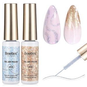 Beetles Metallic Gel Nail Polish Liner Set Silver Bronze Gold 2pcs Gel Liner Nail Art Chrome 3D High-Gloss Effect for Nails Paint Design with Thin Brush DIY French Manicure Curing Requires at Home(B-Festive Sparkle)