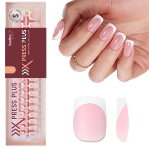 Beetles Press On Nail Kit-Short Square French Tip Press On Nails, 150Pcs Pink French Nail Tips with Nail Glue & Remover Builder Top Coat Nail Lamp, All-in-One DIY Fake Nails Gift for Women(1-Short Squaval)
