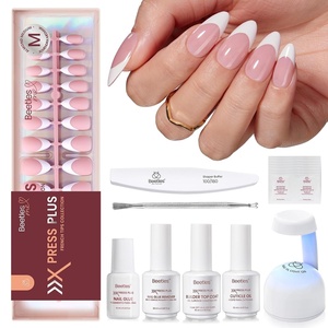 Beetles Press On Nail Kit-Short Square French Tip Press On Nails, 150Pcs Pink French Nail Tips with Nail Glue & Remover Builder Top Coat Nail Lamp, All-in-One DIY Fake Nails Gift for Women(D-Beetles X Press Kit-Medium Almond)