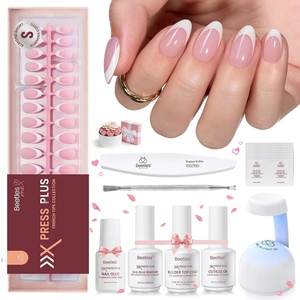 Beetles Press On Nail Kit-Short Square French Tip Press On Nails, 150Pcs Pink French Nail Tips with Nail Glue & Remover Builder Top Coat Nail Lamp, All-in-One DIY Fake Nails Gift for Women(B-Beetles X Press Kit-Short Almond)