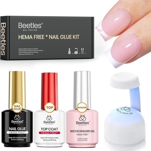 Beetles Press On Nail Kit-Short Square French Tip Press On Nails, 150Pcs Pink French Nail Tips with Nail Glue & Remover Builder Top Coat Nail Lamp, All-in-One DIY Fake Nails Gift for Women(Z-HEMA-Free Nail Tips Glue Kit)