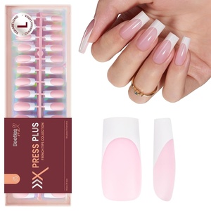 Beetles Press On Nail Kit-Short Square French Tip Press On Nails, 150Pcs Pink French Nail Tips with Nail Glue & Remover Builder Top Coat Nail Lamp, All-in-One DIY Fake Nails Gift for Women(2-Long Square Pink)