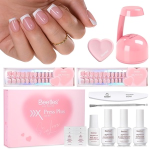 Beetles Press On Nail Kit-Short Square French Tip Press On Nails, 150Pcs Pink French Nail Tips with Nail Glue & Remover Builder Top Coat Nail Lamp, All-in-One DIY Fake Nails Gift for Women(J-S Square-French Nails Kit)