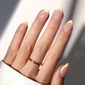 Beetles Press On Nail Kit-Short Square French Tip Press On Nails, 150Pcs Pink French Nail Tips with Nail Glue & Remover Builder Top Coat Nail Lamp, All-in-One DIY Fake Nails Gift for Women(5-S Almond Yellow French)
