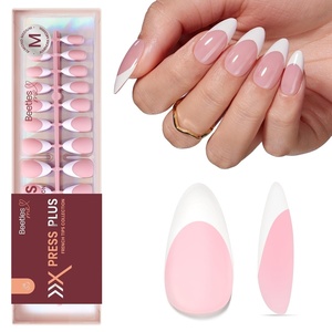 Beetles Press On Nail Kit-Short Square French Tip Press On Nails, 150Pcs Pink French Nail Tips with Nail Glue & Remover Builder Top Coat Nail Lamp, All-in-One DIY Fake Nails Gift for Women(2-Medium Amlond)