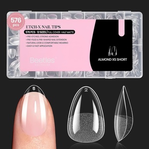 Beetles Super Strong Nail Glue 10g for Press On Nails, No UV Lamp Needed, Quick Drying, Long Lasting, Easy Control Semi Solid Nail Glue for False Acrylic Nails(2-1-Almond Extra Short 576pcs (Etch X Nail Tips ))