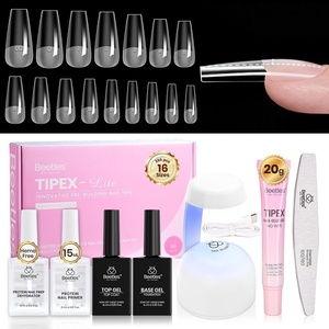 Beetles Tipex Lite Apex Nail Tips Kit, Medium Almond, 192pcs 16 Sizes,with Solid Nail Glue, Base & Top Coat, Mini UV Lamp, Nail Clipper & Cuticle Nipper, for DIY Salon-look Extensions Kit(0F-Tipex Lite Kit with Primer-Long Coffin)