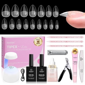 Beetles Tipex Lite Apex Nail Tips Kit, Medium Almond, 192pcs 16 Sizes,with Solid Nail Glue, Base & Top Coat, Mini UV Lamp, Nail Clipper & Cuticle Nipper, for DIY Salon-look Extensions Kit(Tipex Lite Kit with Remover – Short Almond)