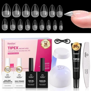 Beetles Tipex Nail Glue Gel 2 Pcs 20g, Super Strong Hands-Free Solid Nail Glue for Tipex Instant Apex Nail Tips, Professional Beginner-Friendly, U V Light Required(2E-Almond Short (Tipex Nail Kit with Primer))