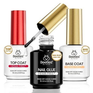 beetles Gel Polish 2Pcs 15ml No Wipe Top Coat Gel Nail Polish High Gloss Shiny Long-Lasting Clear Gel Top Coat, Soak Off Nail Lamp, Summer Nails Home DIY Manicure and Nail Salon Gifts for Women(1-HEMA-Free Nail Glue Base Top Coat Set)