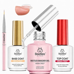 beetles Gel Polish 2Pcs 15ml No Wipe Top Coat Gel Nail Polish High Gloss Shiny Long-Lasting Clear Gel Top Coat, Soak Off Nail Lamp, Summer Nails Home DIY Manicure and Nail Salon Gifts for Women(1-15ml HEMA Free Builder & Gel Base and Top Coat)