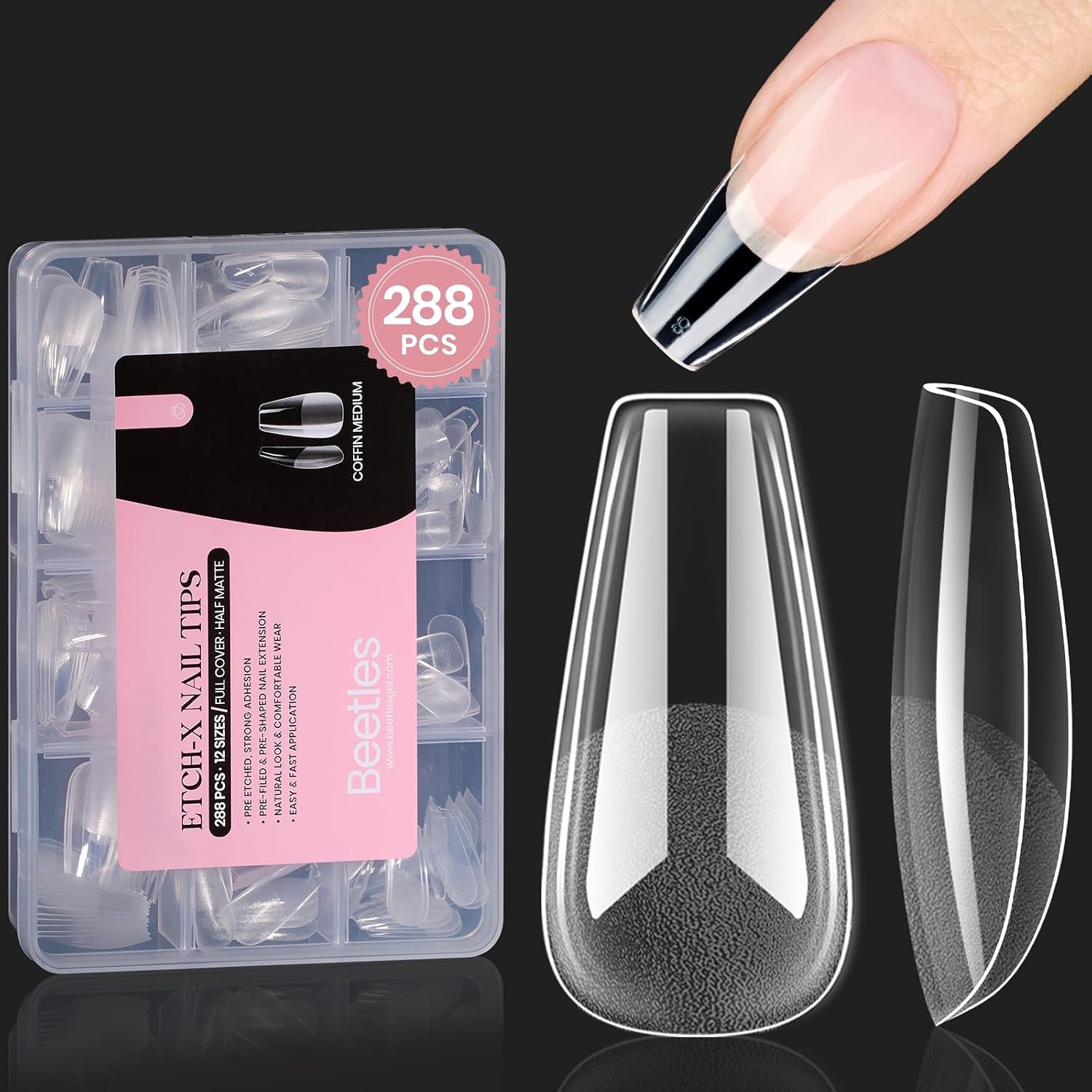 image:imageBeetles 119 PCS 100 Colors Gel Nail Polish Setand Gel Nail Tips 12 Sizes 288Pcs Medium Coffin Etch X Nail Tips