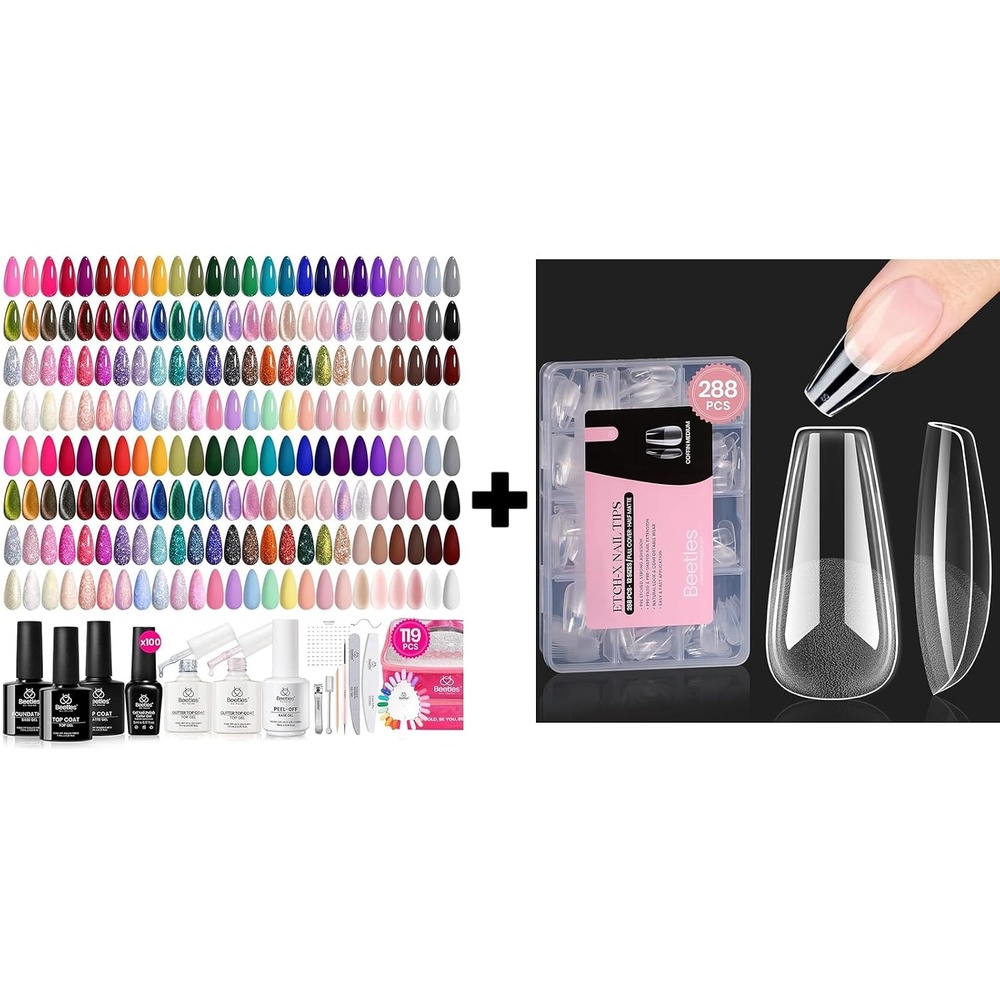 image:imageBeetles 119 PCS 100 Colors Gel Nail Polish Setand Gel Nail Tips 12 Sizes 288Pcs Medium Coffin Etch X Nail Tips