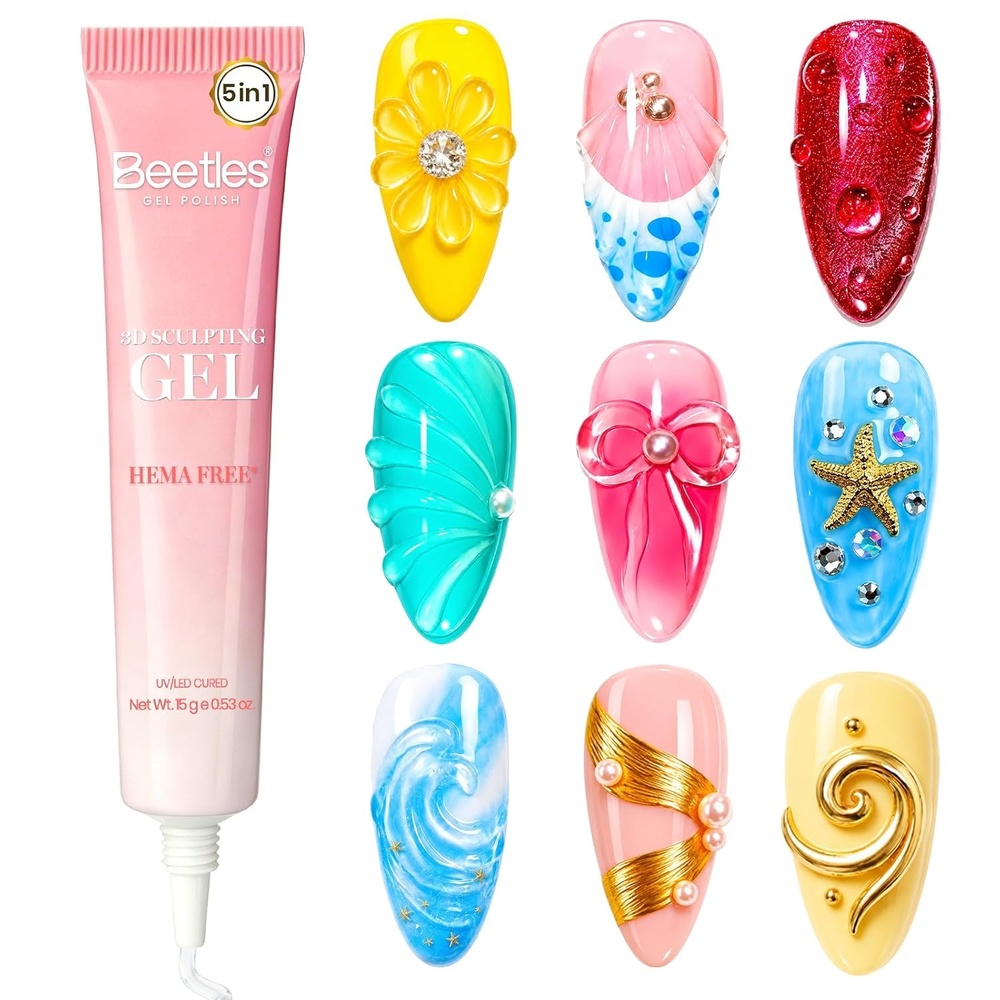 image:imageBeetles 3D Gel Nail Art 5 in 1 Sculpting Gel for Nail Art Clear No Wipe HemaFree for Drawing Molding Nail Charms Rhinestones amp Chrome Powder for DIY Home amp Salon Use UVLED Lamp Needed 15g