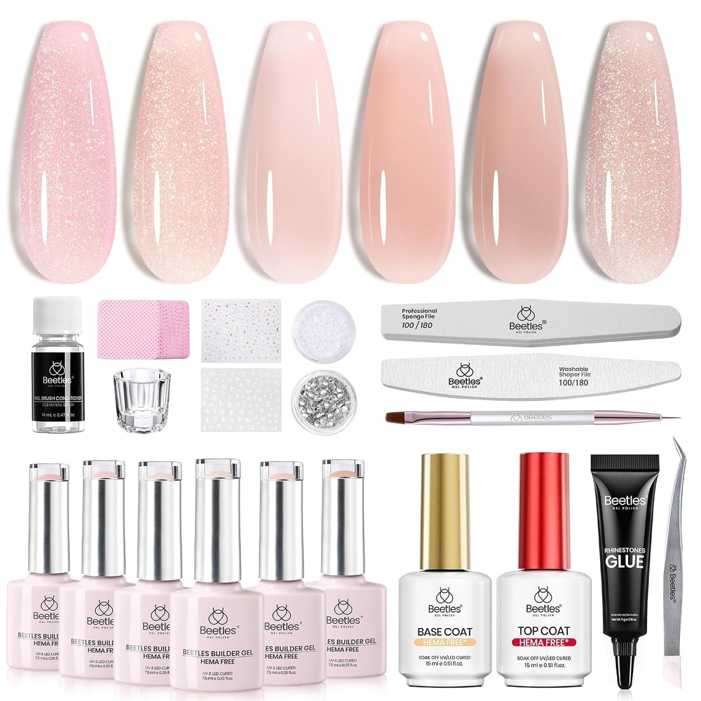 image:imageBeetles Builder Gel Nail Kit HEMA FREEwith 3IN1 Protein Nail PrimerBase Top Coat3 Colors 8 in 1 Pink Milky White Builderfor Strengthening Thickening ExtensionBeginner DIY UV NailsLush TintGlow Meadow