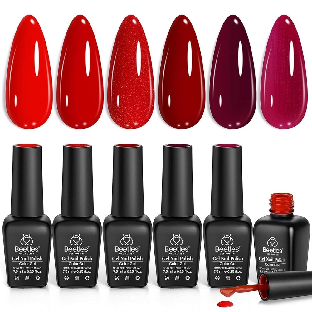 image:imageBeetles Burgundy Gel Polish Set  Berry Merlot 6 Colors Plum Gel Polish Cherry Mocha Red Glitter Dark Purple Wine Nails Color U V LED Soak Off Home DIY Manicure Nail Salon00Burgundy Red Shimmer